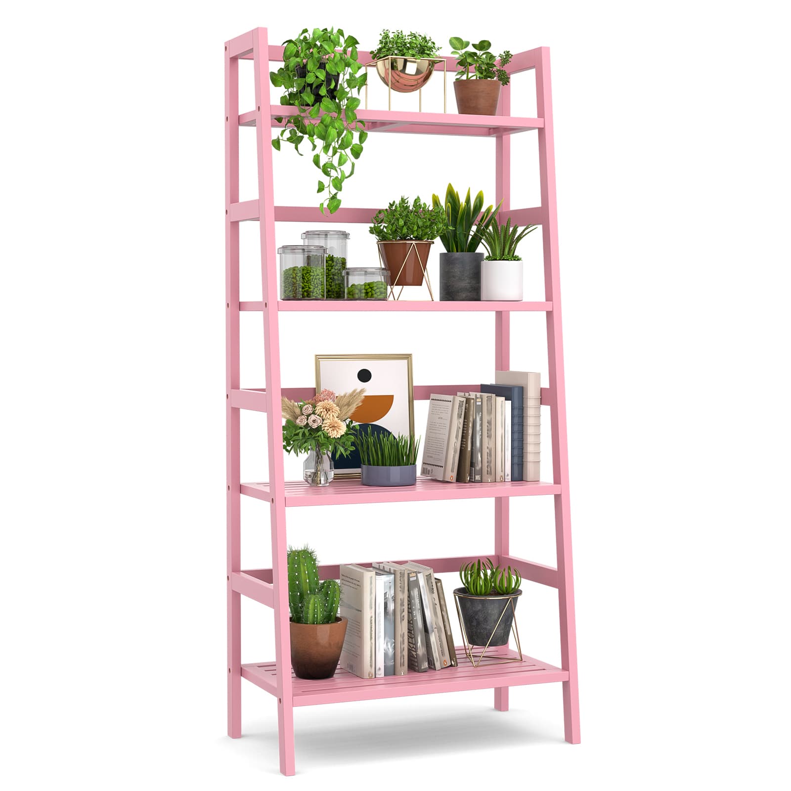 4-Tier Bamboo Ladder Bookshelf Small Bookcase, 49” Tall Open Display Shelves