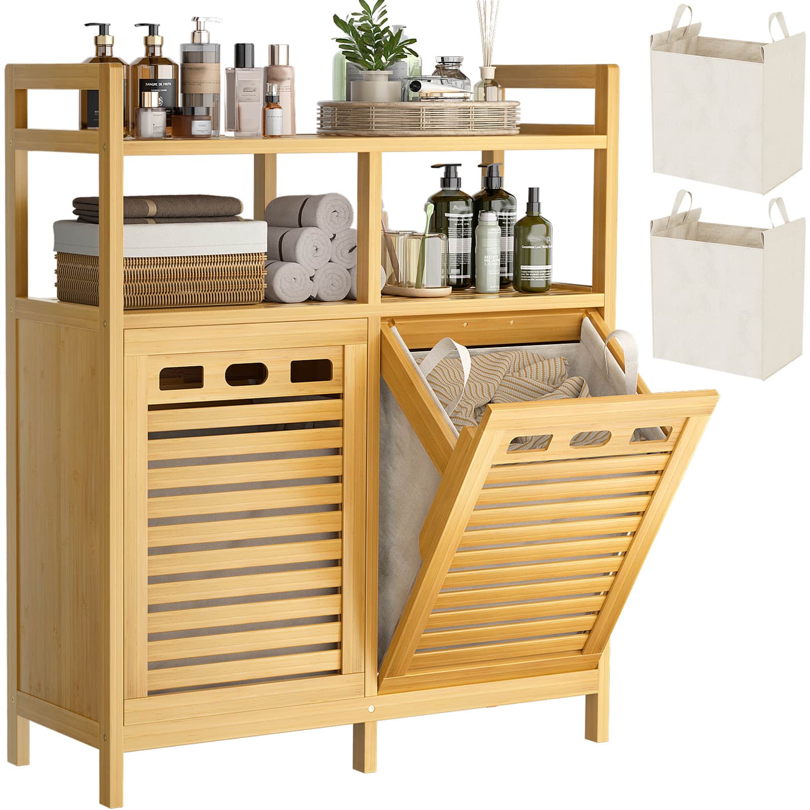 Tilt Out Laundry Hamper Cabinet, Bamboo Double Laundry Hamper