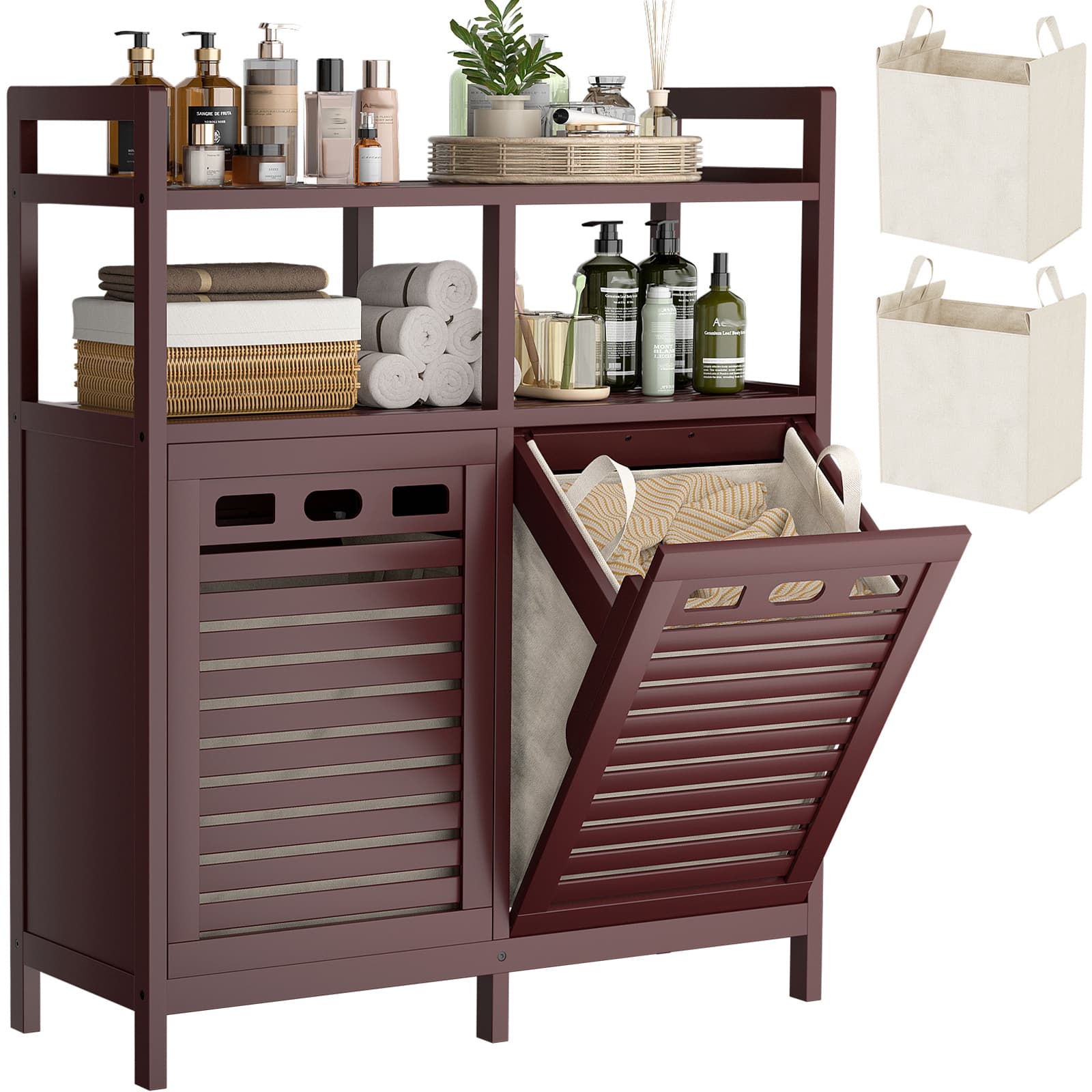 Tilt Out Laundry Hamper Cabinet, Bamboo Double Laundry Hamper