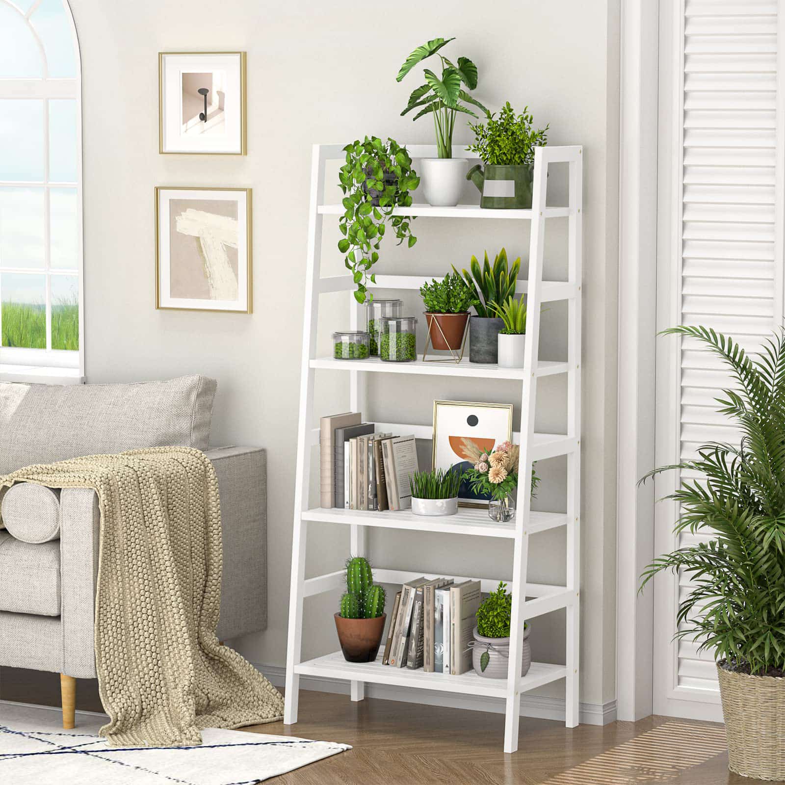 4-Tier Bamboo Ladder Bookshelf Small Bookcase, 49” Tall Open Display Shelves