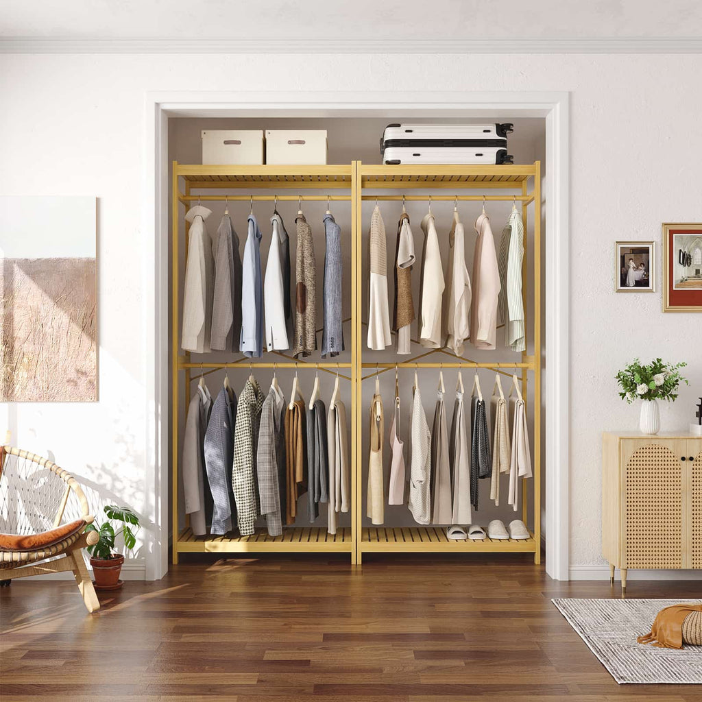 Bamboo Clothes Rack with Shelves and Double Hang Rods, Portable Closet System Garment Rack for Hanging Clothes, Tall Clothing Rack Corner Closet Organizer, Easy to Built, Freestanding