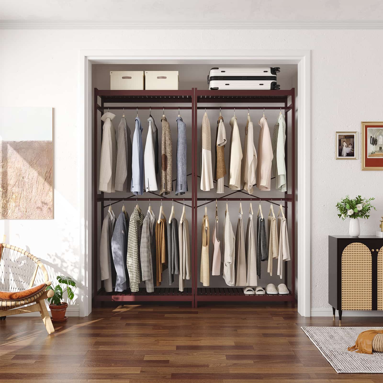 Bamboo Clothes Rack with Shelves and Double Hang Rods, Portable Closet System Garment Rack for Hanging Clothes, Tall Clothing Rack Corner Closet Organizer, Easy to Built, Freestanding