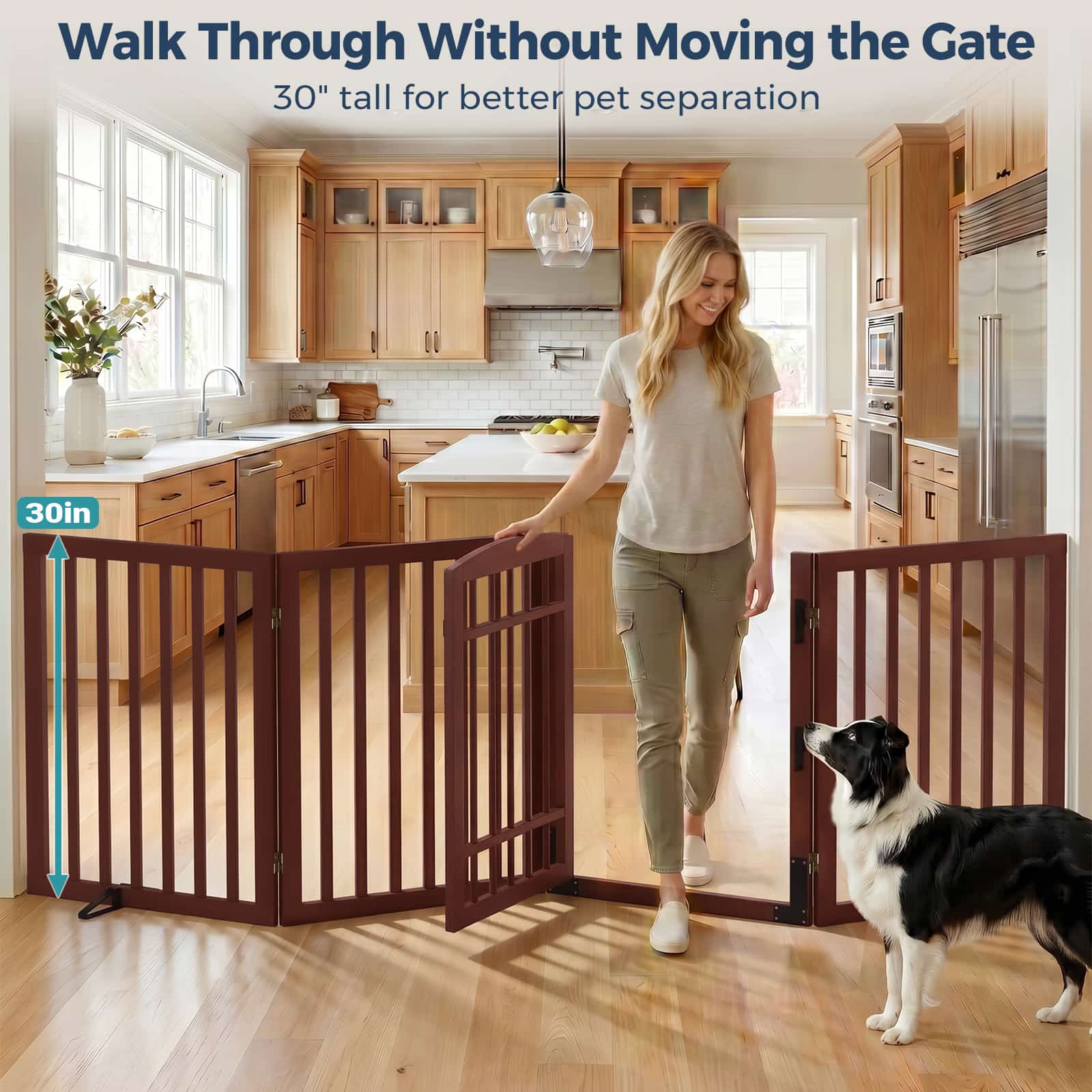 Dog Gate Indoor, 94.5" W x 30" H Extra Wide Foldable Bamboo Pet Gate with Door, No Assembly Freestanding Dog Fence with 2 Support Feet & 360°Hinges for Doorways Hallways (4 Panels)