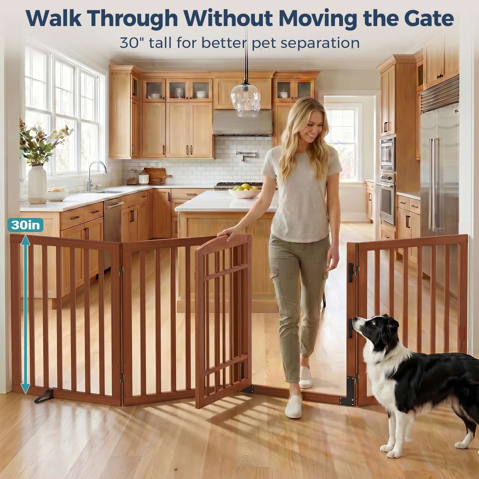 Dog Gate Indoor, 94.5" W x 30" H Extra Wide Foldable Bamboo Pet Gate with Door, No Assembly Freestanding Dog Fence with 2 Support Feet & 360°Hinges for Doorways Hallways (4 Panels)