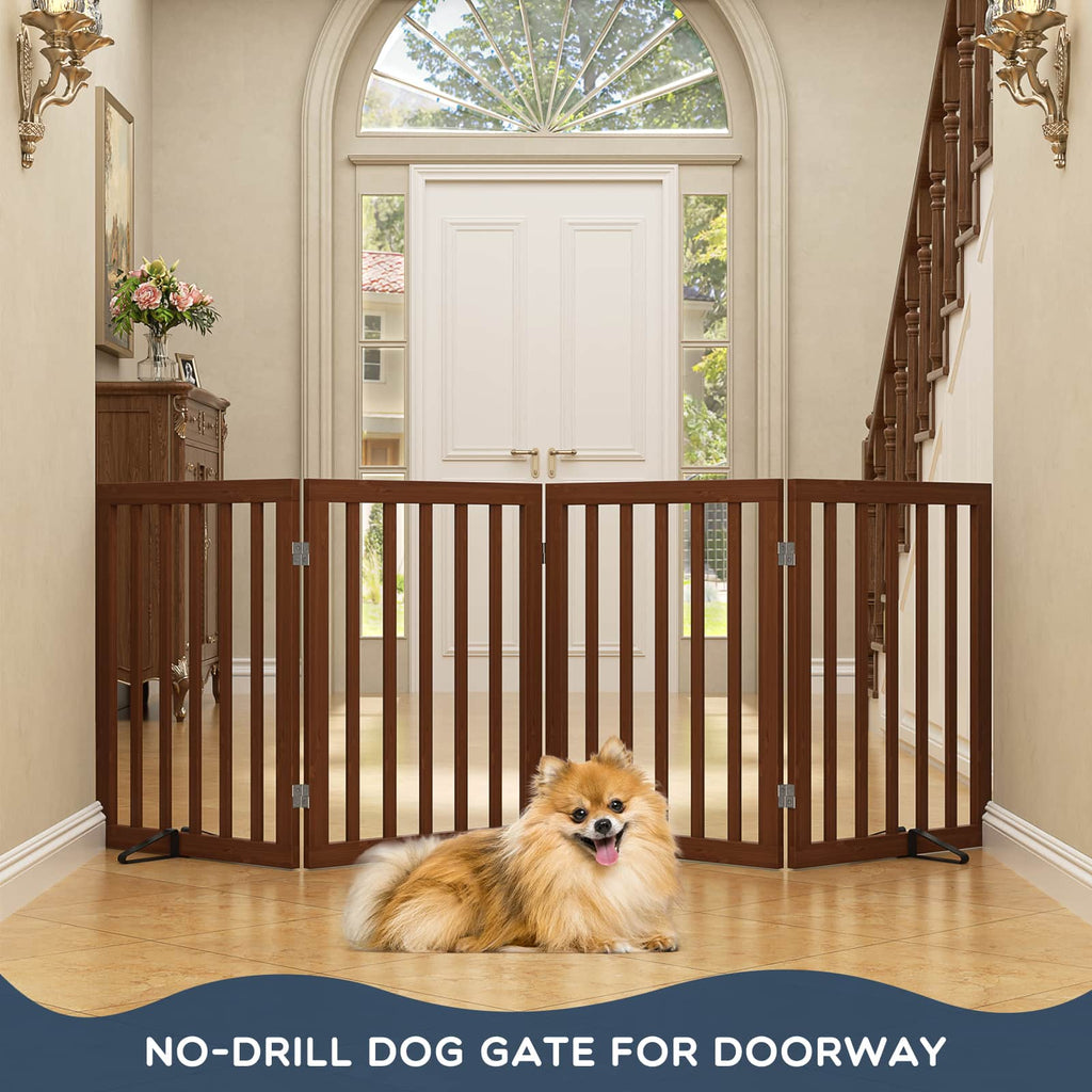 Bamboo Freestanding Dog Gate, No Assembly Pet Gate Indoor, 24”H x 75”W Extra Wide Foldable Puppy Barrier Fence with Support Feet for the House, Doorways Stairs, 4 Panels, No Drilling