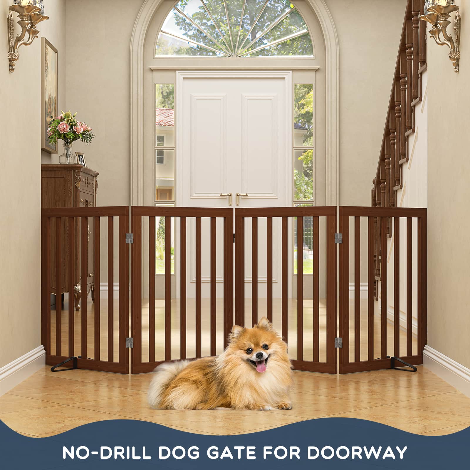 Bamboo Freestanding Dog Gate, No Assembly Pet Gate Indoor, 24”H x 75”W Extra Wide Foldable Puppy Barrier Fence with Support Feet for the House, Doorways Stairs, 4 Panels, No Drilling
