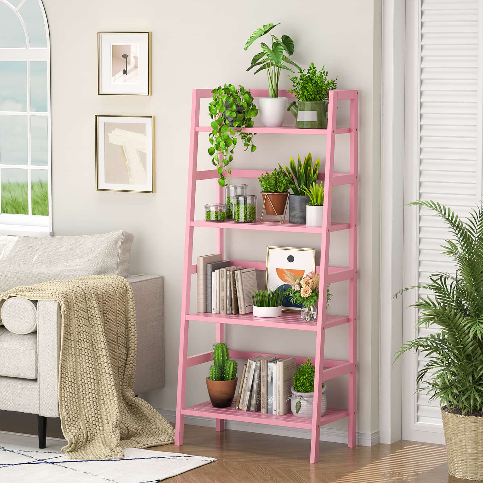 4-Tier Bamboo Ladder Bookshelf Small Bookcase, 49” Tall Open Display Shelves