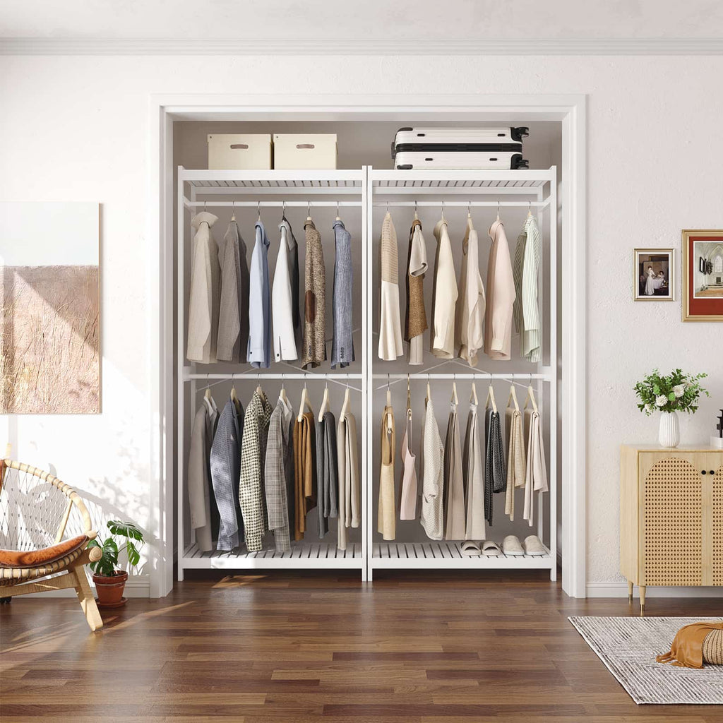Bamboo Clothes Rack with Shelves and Double Hang Rods, Portable Closet System Garment Rack for Hanging Clothes, Tall Clothing Rack Corner Closet Organizer, Easy to Built, Freestanding