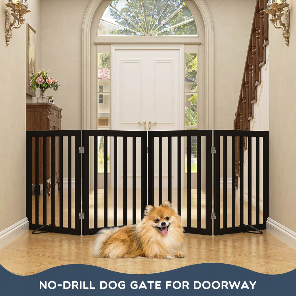 Bamboo Freestanding Dog Gate, No Assembly Pet Gate Indoor, 24”H x 75”W Extra Wide Foldable Puppy Barrier Fence with Support Feet for the House, Doorways Stairs, 4 Panels, No Drilling