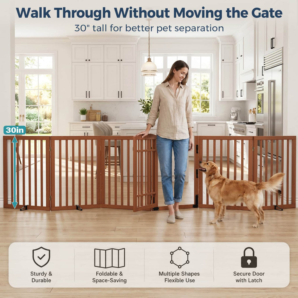 Dog Gate Indoor, 142" W x 30" H Extra Wide Foldable Bamboo Pet Gate with Door, No Assembly Freestanding Dog Fence with 2 Support Feet & 360°Hinges for Doorways Hallways (6 Panels)