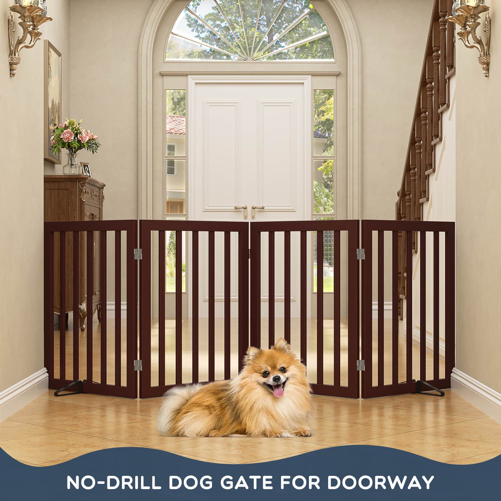 Bamboo Freestanding Dog Gate, No Assembly Pet Gate Indoor, 24”H x 75”W Extra Wide Foldable Puppy Barrier Fence with Support Feet for the House, Doorways Stairs, 4 Panels, No Drilling
