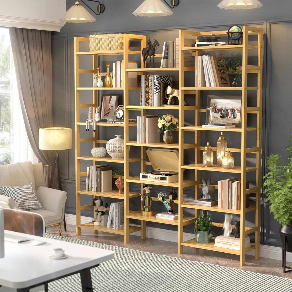 Bamboo Bookshelf, 71” Tall Triple Wide Bookcase with 17 Open Storage Shelves, 6-Tier Etagere with Back Rails, Large Display Shelf for Books, Plants, Home Office, Living Room, Max Load 748LBS