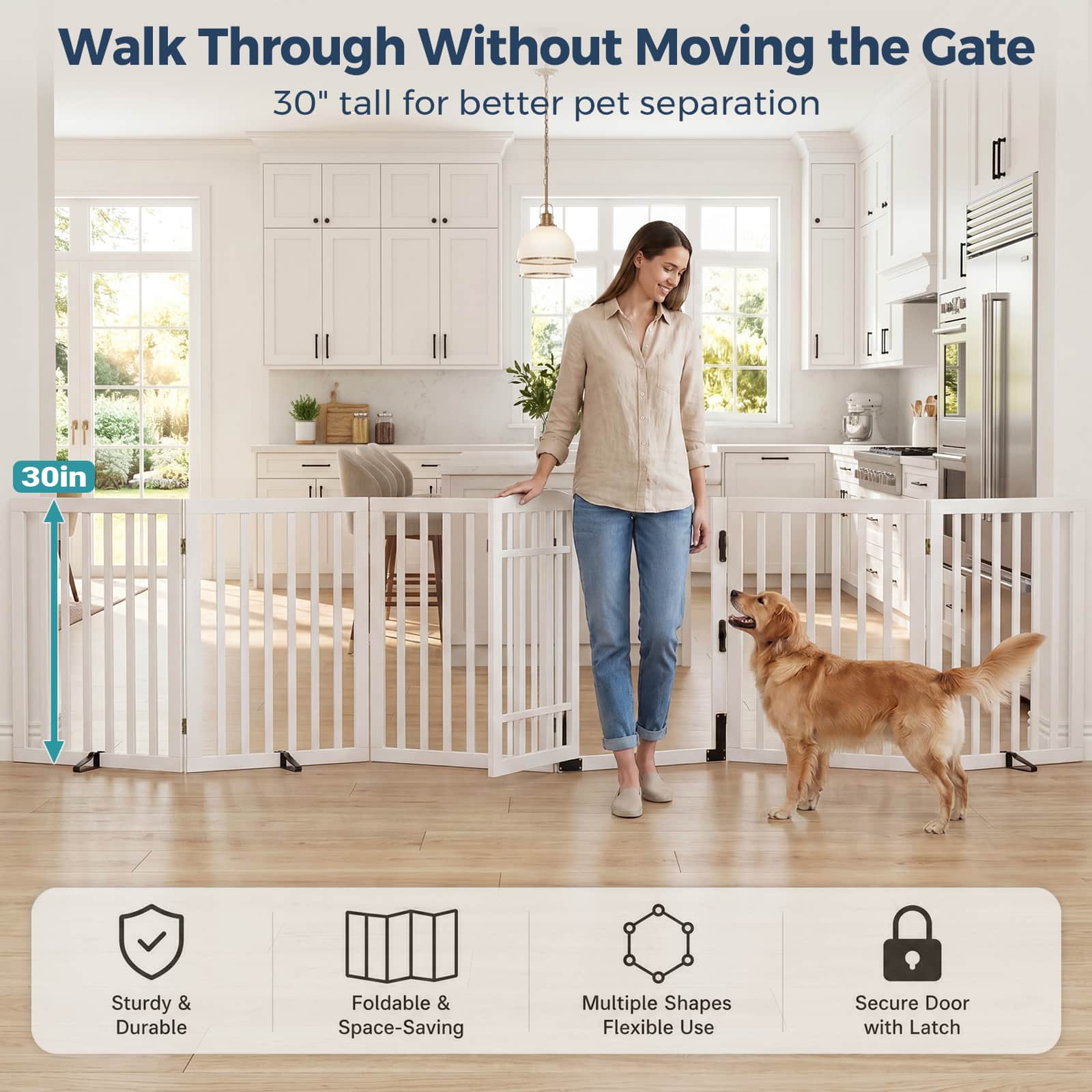 Dog Gate Indoor, 142" W x 30" H Extra Wide Foldable Bamboo Pet Gate with Door, No Assembly Freestanding Dog Fence with 2 Support Feet & 360°Hinges for Doorways Hallways (6 Panels)