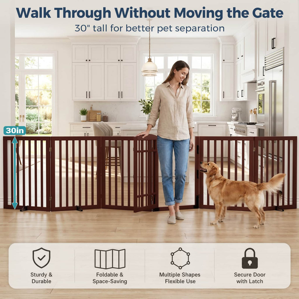Dog Gate Indoor, 142" W x 30" H Extra Wide Foldable Bamboo Pet Gate with Door, No Assembly Freestanding Dog Fence with 2 Support Feet & 360°Hinges for Doorways Hallways (6 Panels)