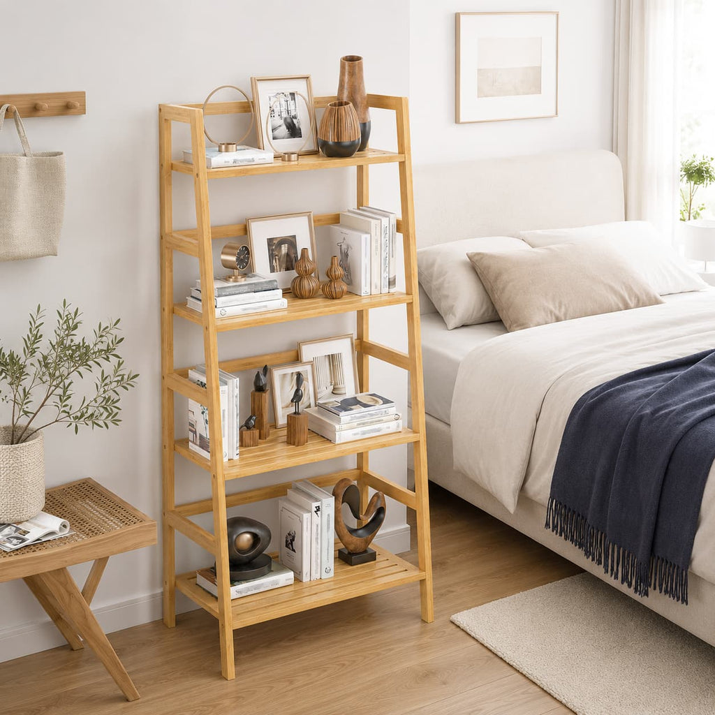 Bamboo Ladder Shelf, 4-Tier Wooden Ladder Bookshelf & Bookcase Organizer