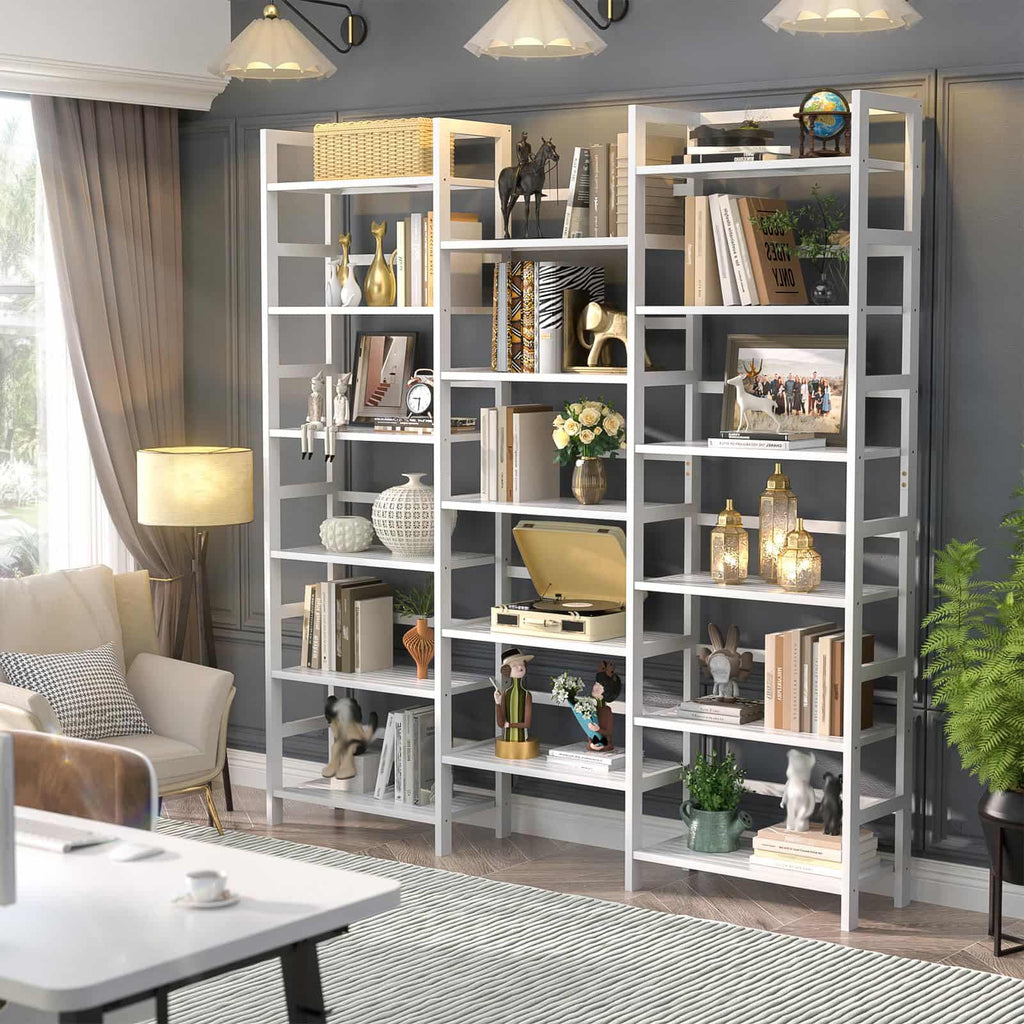 Bamboo Bookshelf, 71” Tall Triple Wide Bookcase with 17 Open Storage Shelves, 6-Tier Etagere with Back Rails, Large Display Shelf for Books, Plants, Home Office, Living Room, Max Load 748LBS
