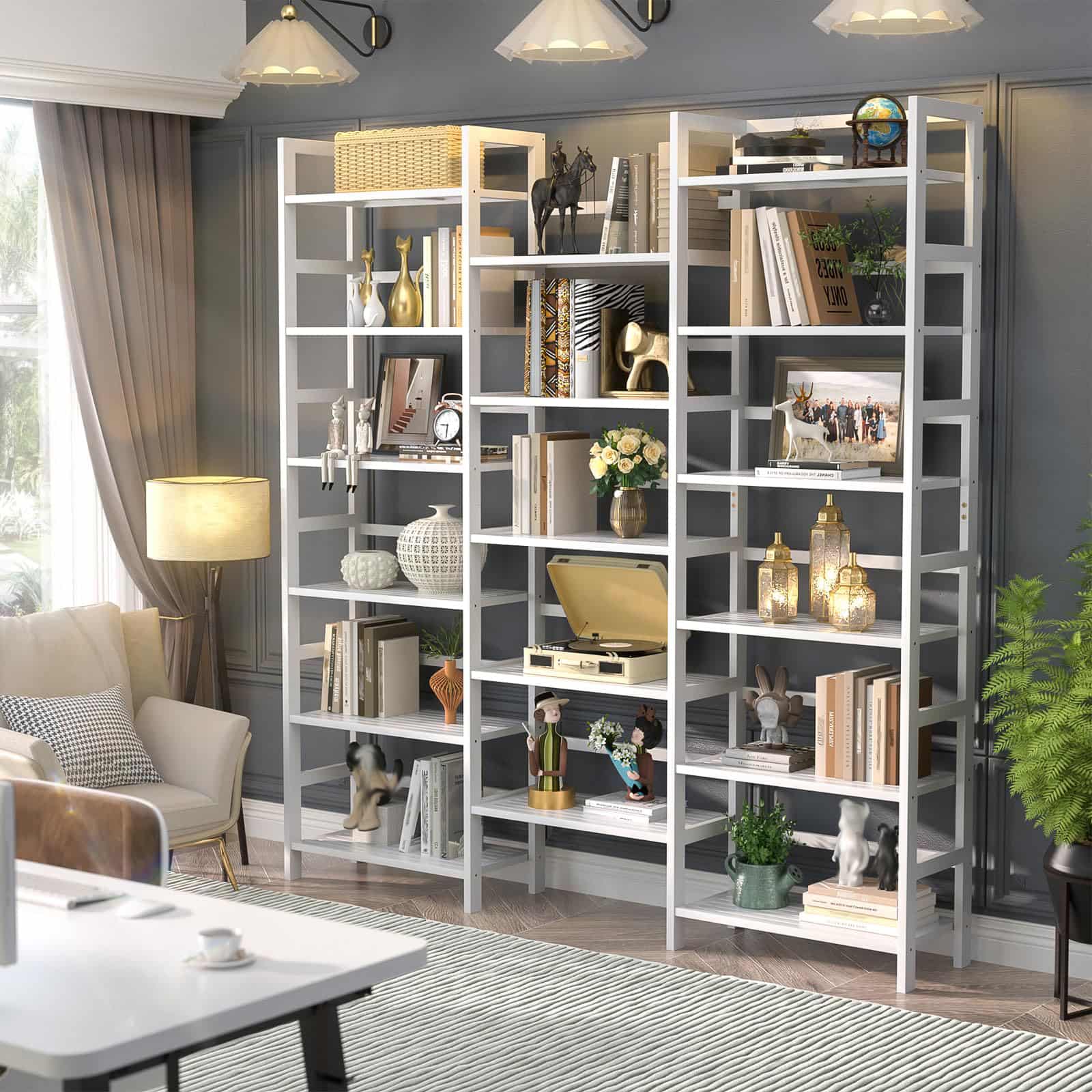 Bamboo Bookshelf, 71” Tall Triple Wide Bookcase with 17 Open Storage Shelves, 6-Tier Etagere with Back Rails, Large Display Shelf for Books, Plants, Home Office, Living Room, Max Load 748LBS