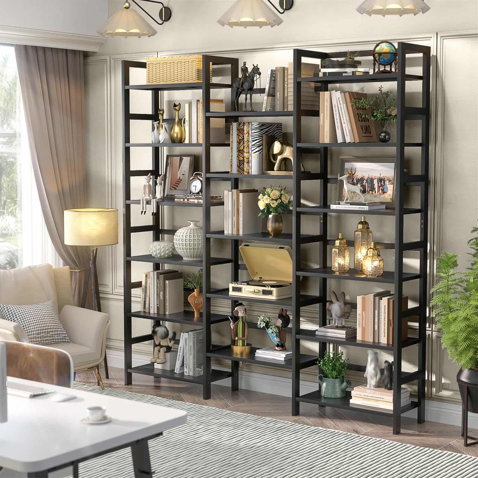 Bamboo Bookshelf, 71” Tall Triple Wide Bookcase with 17 Open Storage Shelves, 6-Tier Etagere with Back Rails, Large Display Shelf for Books, Plants, Home Office, Living Room, Max Load 748LBS