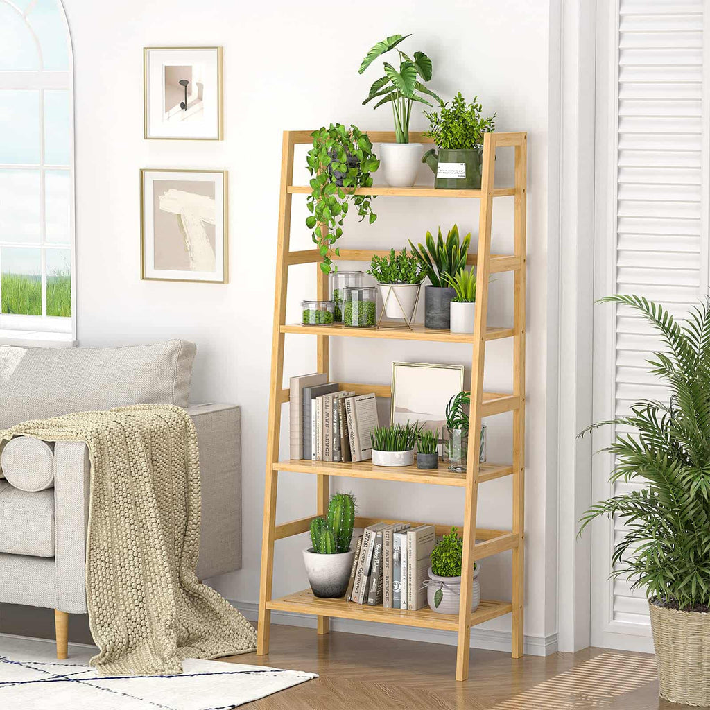 4-Tier Bamboo Ladder Bookshelf Small Bookcase, 49” Tall Open Display Shelves