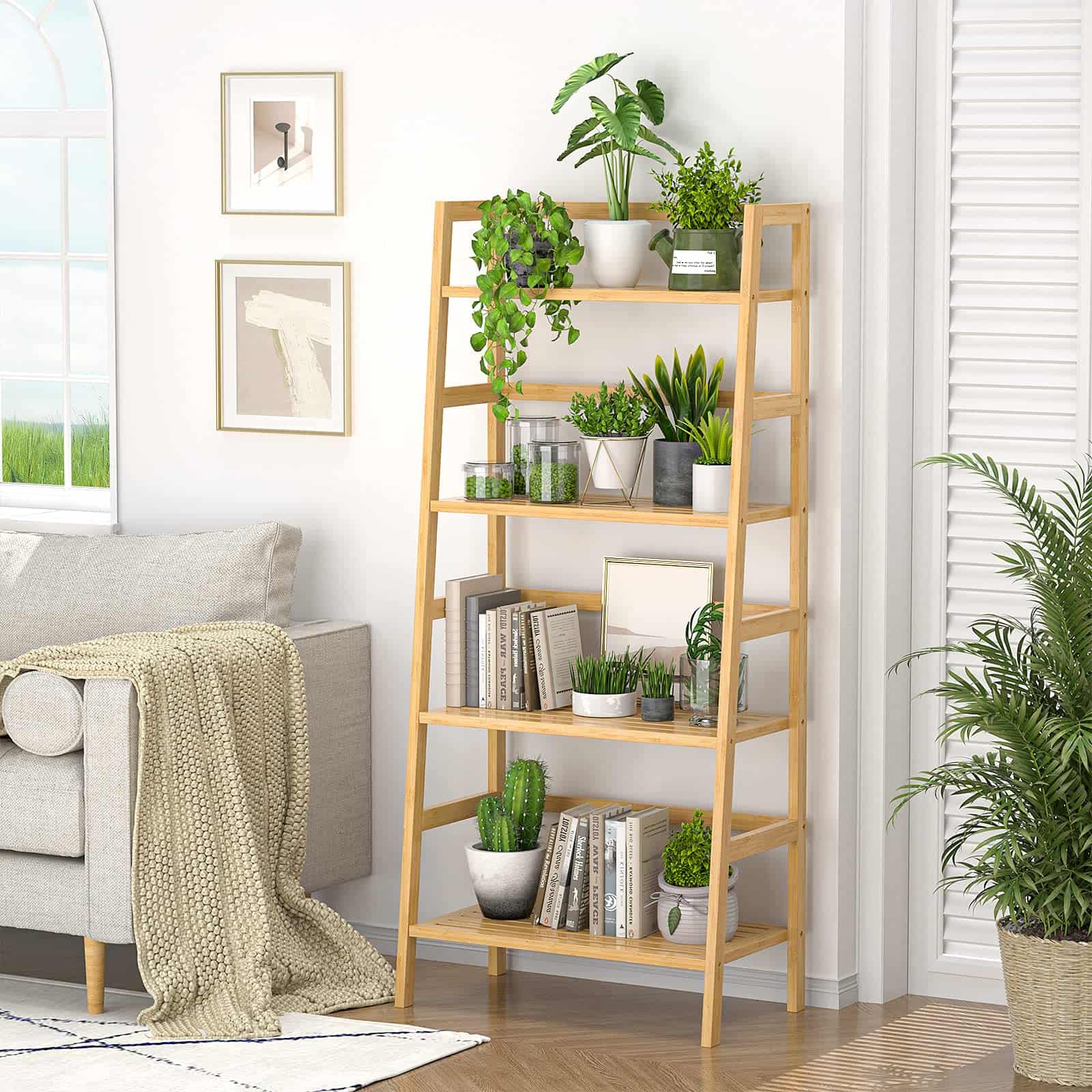 4-Tier Bamboo Ladder Bookshelf Small Bookcase, 49” Tall Open Display Shelves