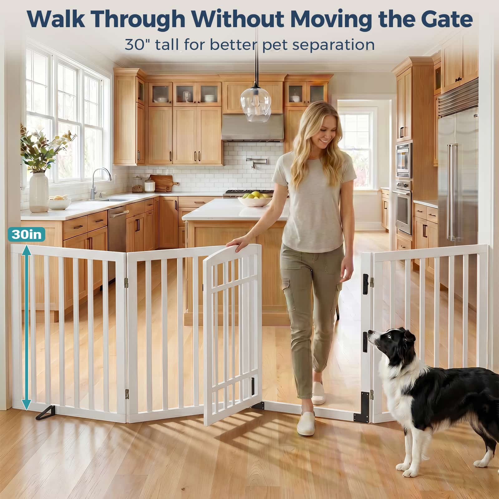 Dog Gate Indoor, 94.5" W x 30" H Extra Wide Foldable Bamboo Pet Gate with Door, No Assembly Freestanding Dog Fence with 2 Support Feet & 360°Hinges for Doorways Hallways (4 Panels)