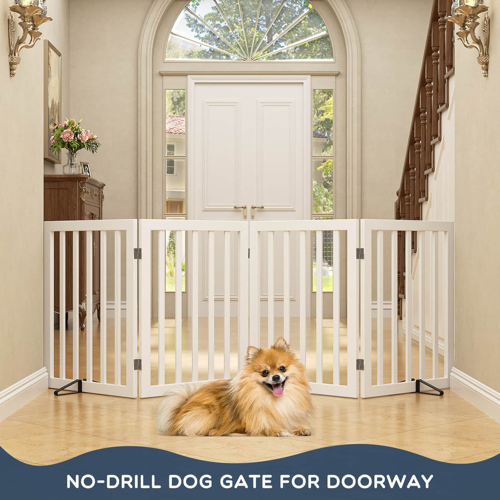 Bamboo Freestanding Dog Gate, No Assembly Pet Gate Indoor, 24”H x 75”W Extra Wide Foldable Puppy Barrier Fence with Support Feet for the House, Doorways Stairs, 4 Panels, No Drilling