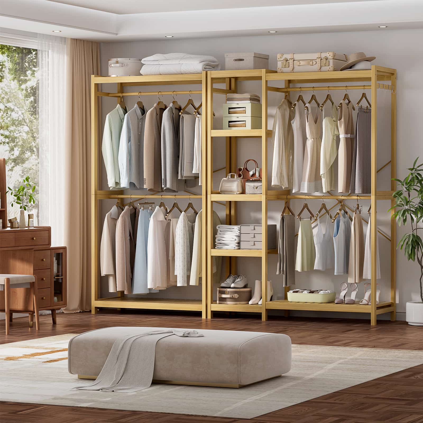 Bamboo Clothes Rack with Shelves and Double Hang Rods, Portable Closet System Garment Rack for Hanging Clothes, Tall Clothing Rack Corner Closet Organizer, Easy to Built, Freestanding