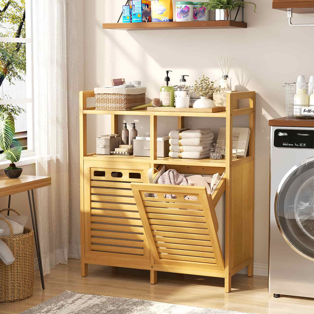 Tilt Out Laundry Hamper Cabinet, Bamboo Double Laundry Hamper