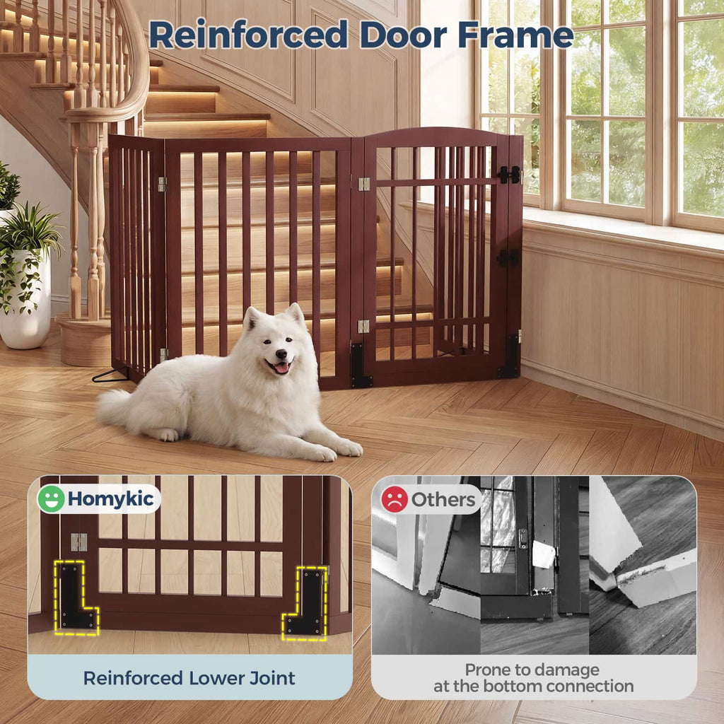 Dog Gate Indoor, 94.5" W x 30" H Extra Wide Foldable Bamboo Pet Gate with Door, No Assembly Freestanding Dog Fence with 2 Support Feet & 360°Hinges for Doorways Hallways (4 Panels)