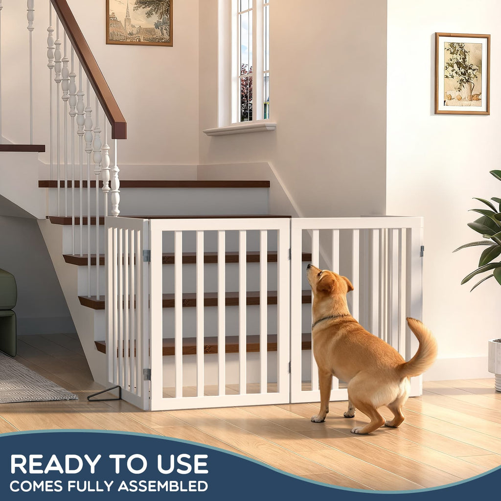 Bamboo Freestanding Dog Gate, No Assembly Pet Gate Indoor, 24”H x 75”W Extra Wide Foldable Puppy Barrier Fence with Support Feet for the House, Doorways Stairs, 4 Panels, No Drilling