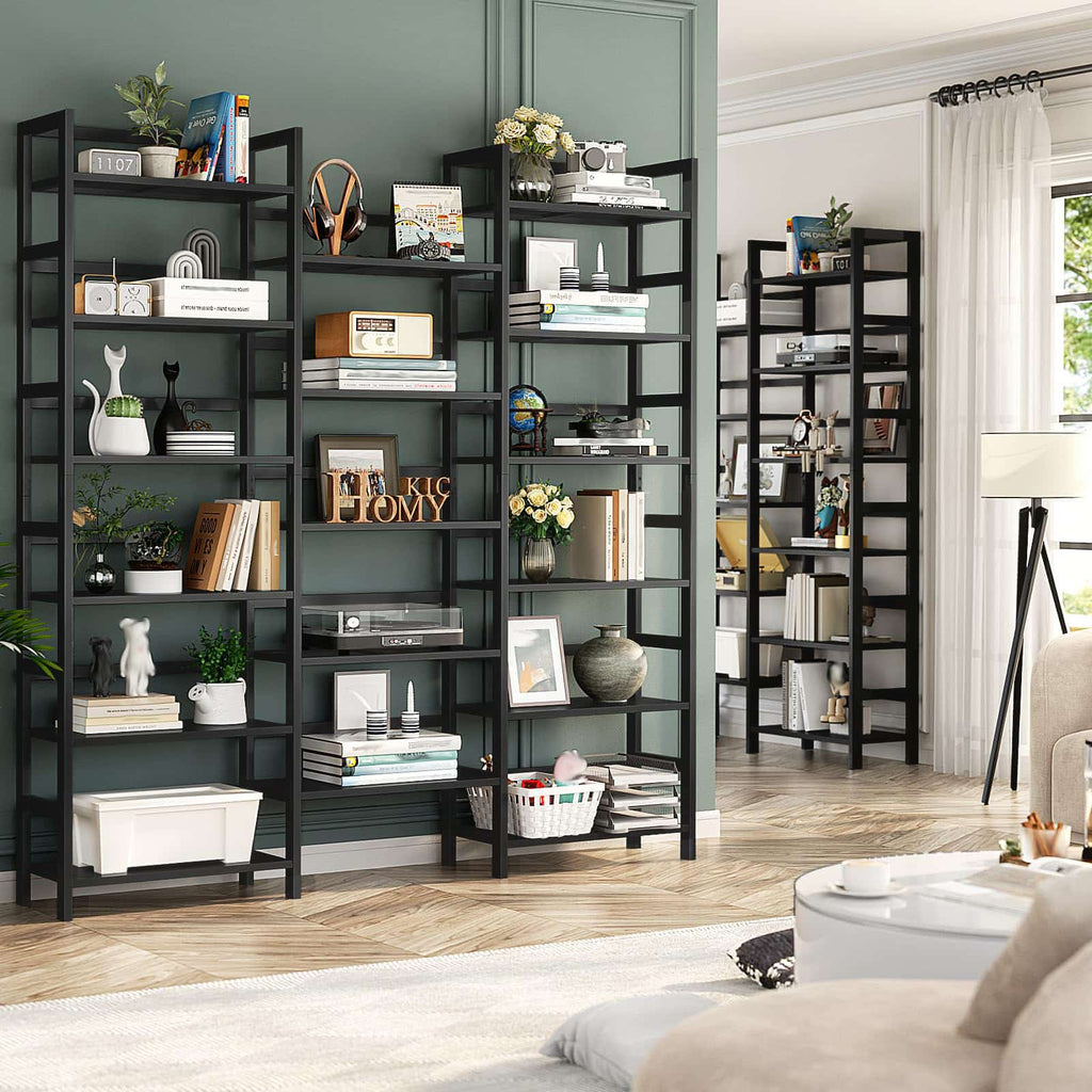 Bamboo Bookshelf, 71” Tall Triple Wide Bookcase with 17 Open Storage Shelves, 6-Tier Etagere with Back Rails, Large Display Shelf for Books, Plants, Home Office, Living Room, Max Load 748LBS