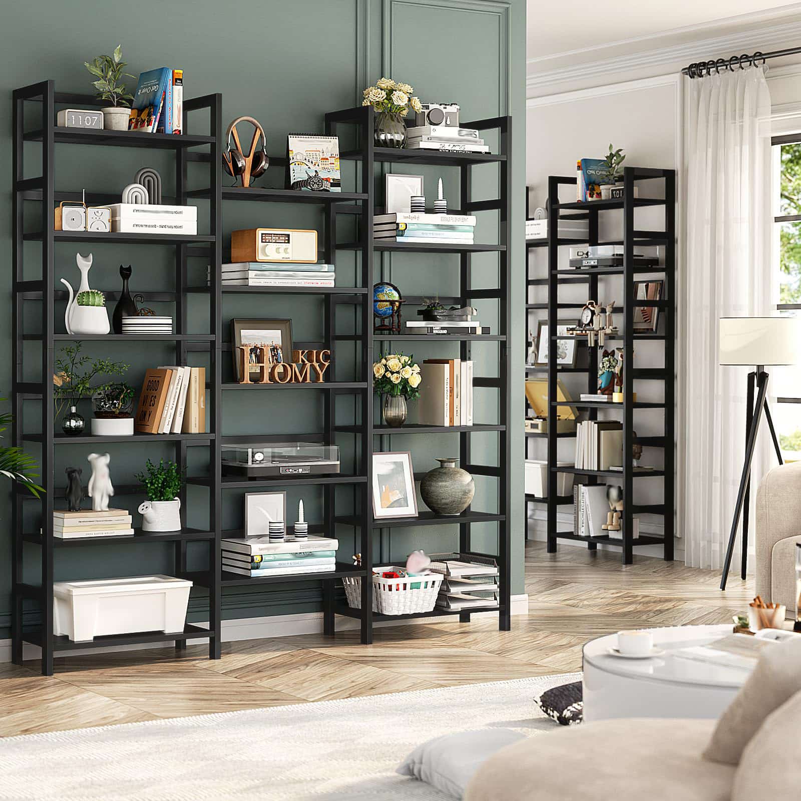 Bamboo Bookshelf, 71” Tall Triple Wide Bookcase with 17 Open Storage Shelves, 6-Tier Etagere with Back Rails, Large Display Shelf for Books, Plants, Home Office, Living Room, Max Load 748LBS