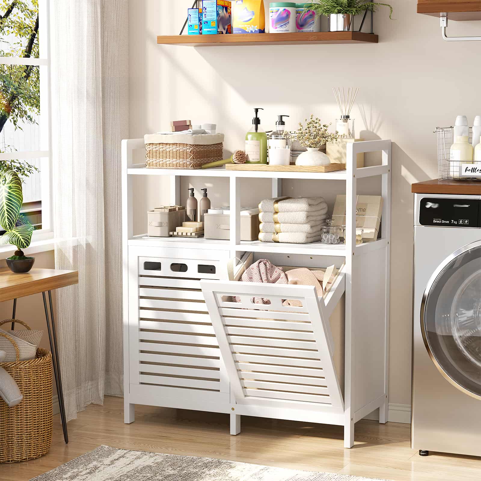 Tilt Out Laundry Hamper Cabinet, Bamboo Double Laundry Hamper