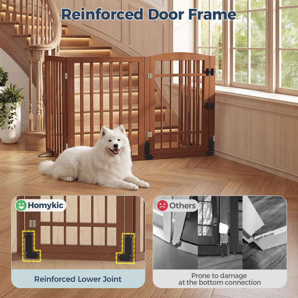 Dog Gate Indoor, 94.5" W x 30" H Extra Wide Foldable Bamboo Pet Gate with Door, No Assembly Freestanding Dog Fence with 2 Support Feet & 360°Hinges for Doorways Hallways (4 Panels)
