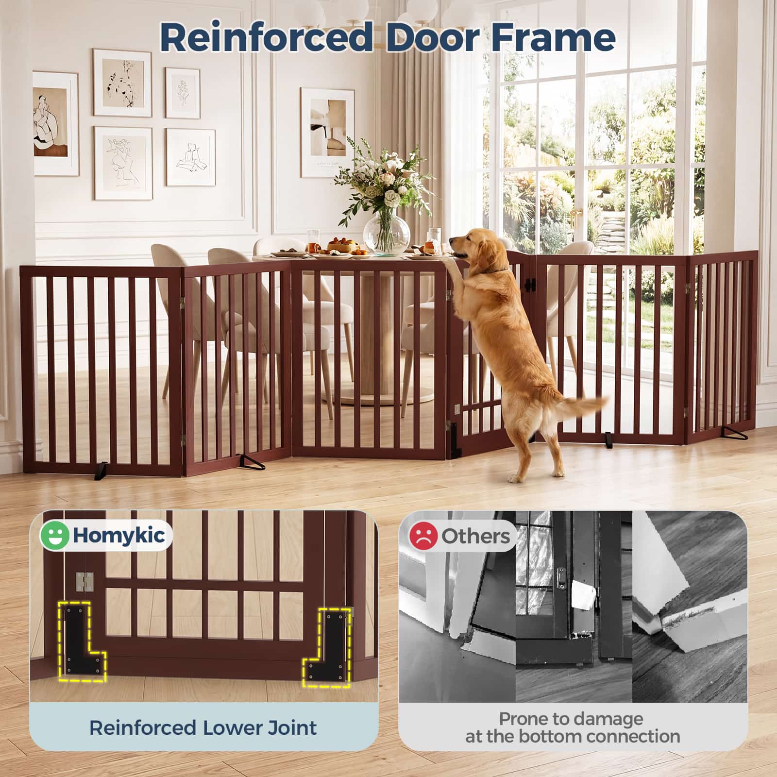 Dog Gate Indoor, 142" W x 30" H Extra Wide Foldable Bamboo Pet Gate with Door, No Assembly Freestanding Dog Fence with 2 Support Feet & 360°Hinges for Doorways Hallways (6 Panels)