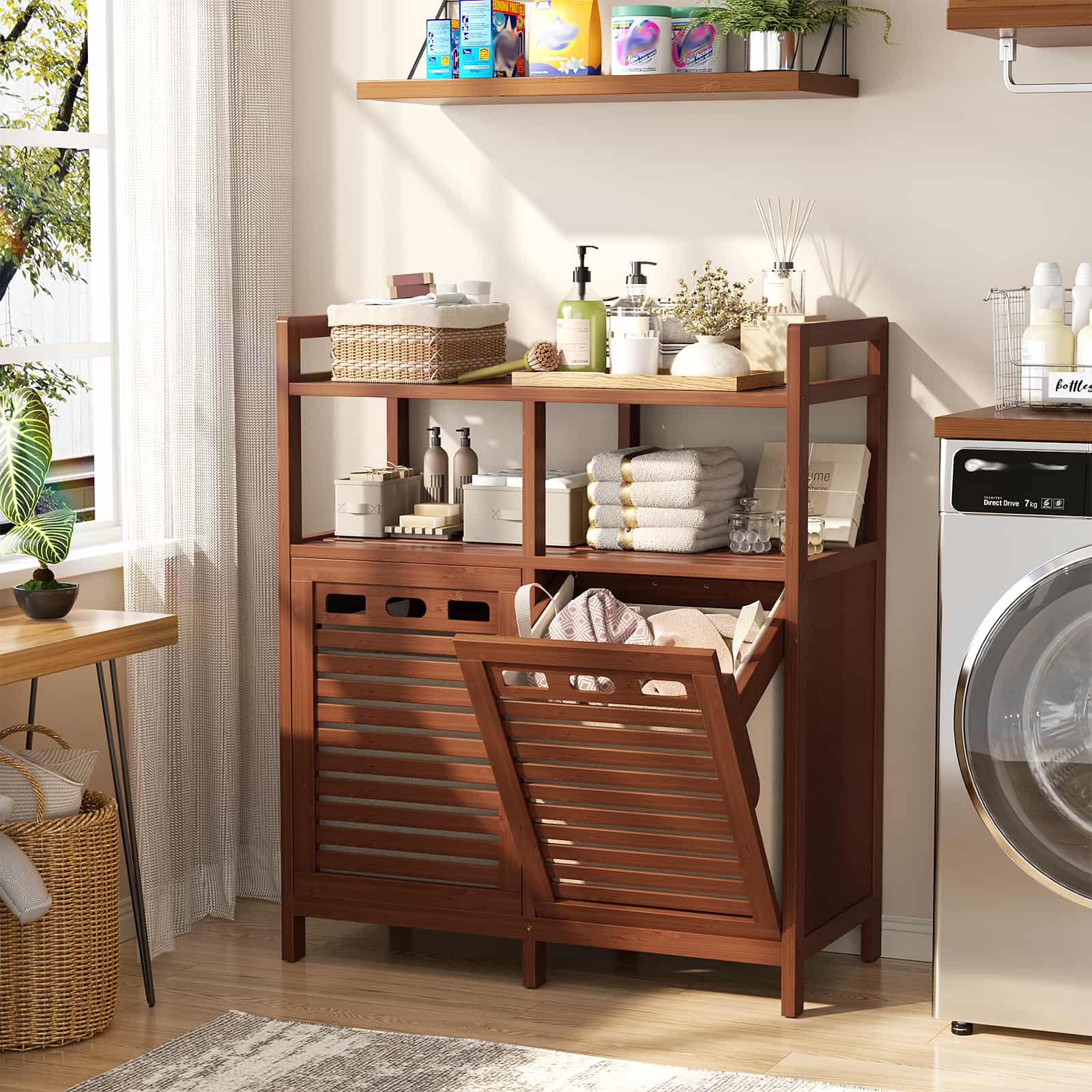 Tilt Out Laundry Hamper Cabinet, Bamboo Double Laundry Hamper