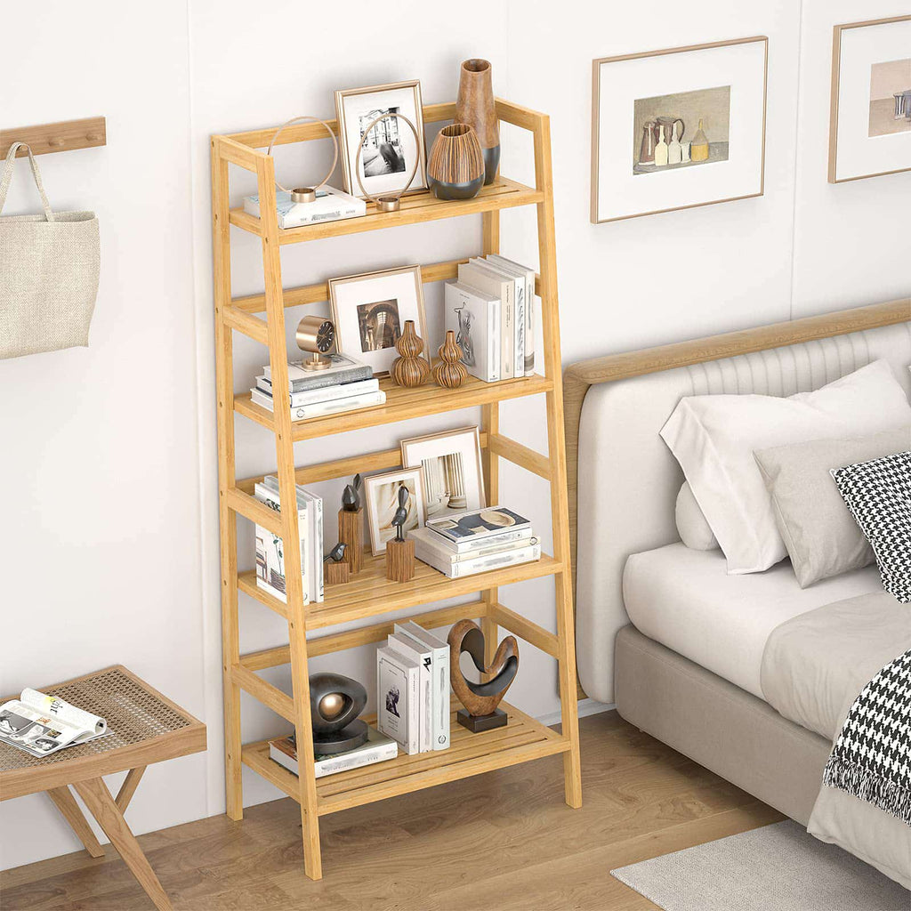 4-Tier Bamboo Ladder Bookshelf Small Bookcase, 49” Tall Open Display Shelves