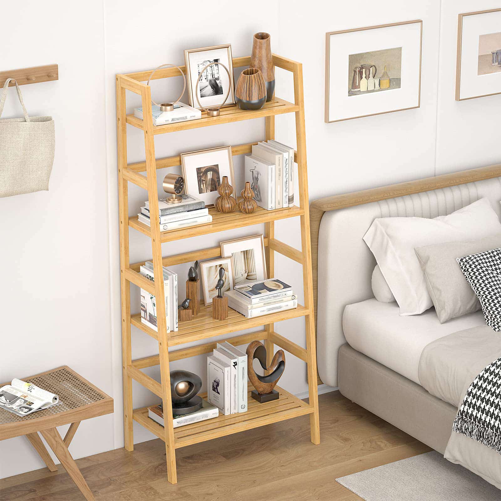 4-Tier Bamboo Ladder Bookshelf Small Bookcase, 49” Tall Open Display Shelves