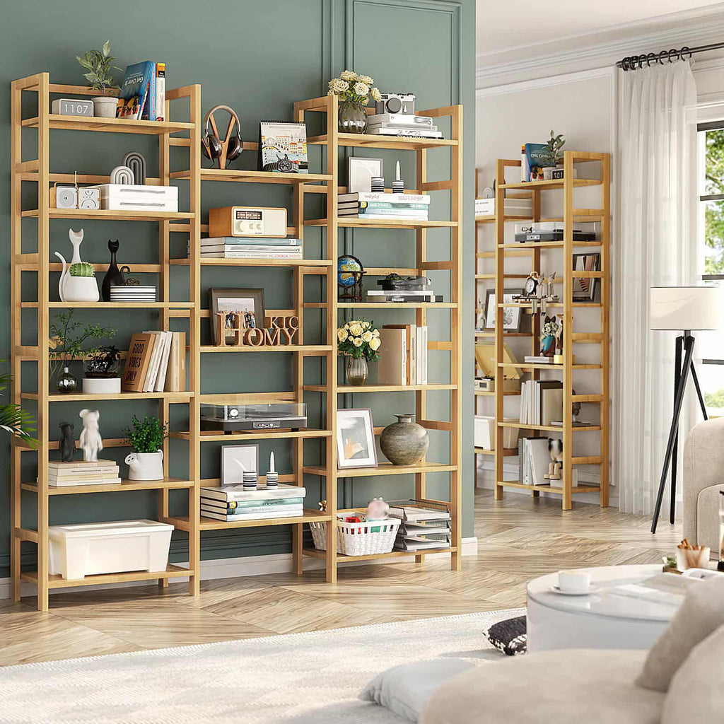 Bamboo Bookshelf, 71” Tall Triple Wide Bookcase with 17 Open Storage Shelves, 6-Tier Etagere with Back Rails, Large Display Shelf for Books, Plants, Home Office, Living Room, Max Load 748LBS