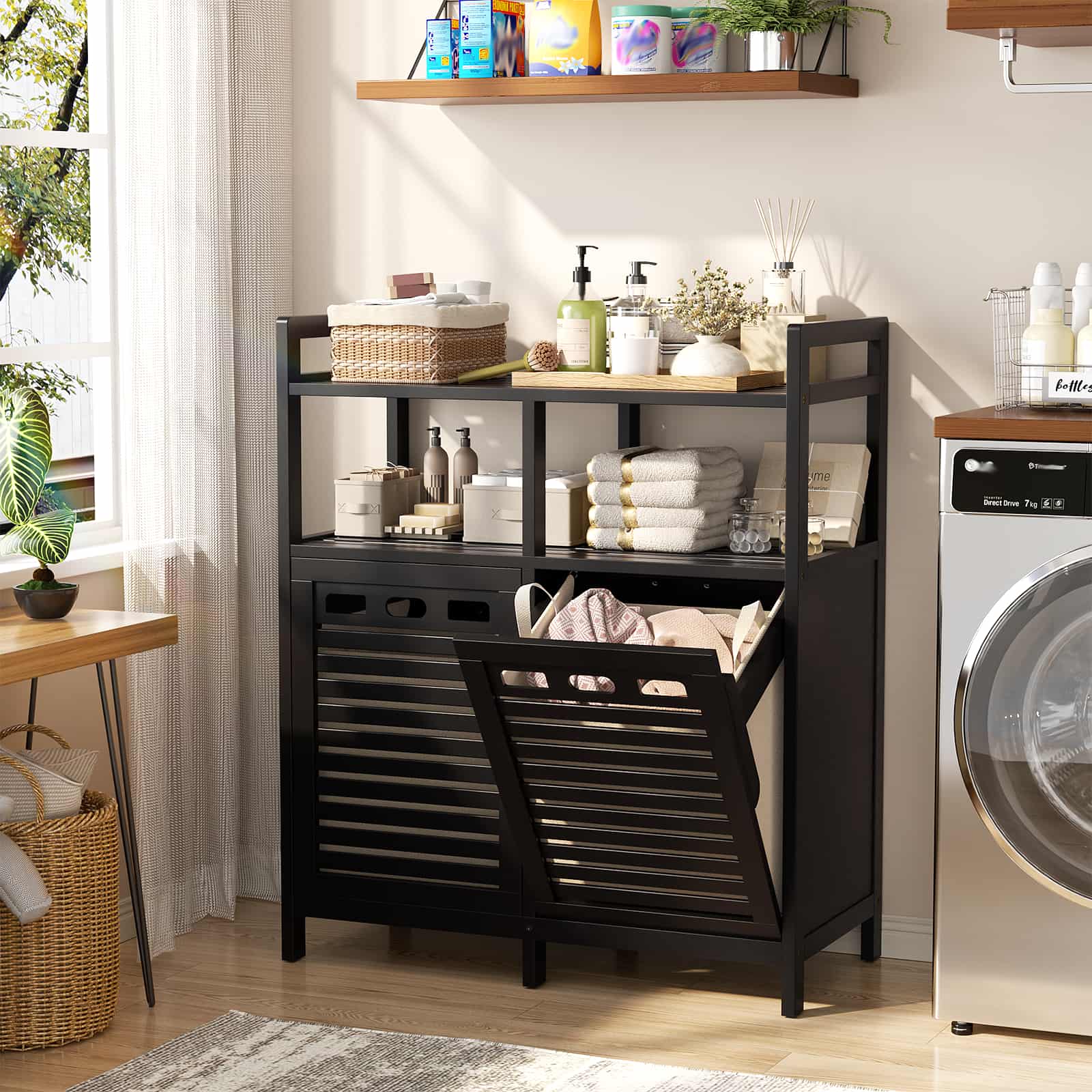 Tilt Out Laundry Hamper Cabinet, Bamboo Double Laundry Hamper