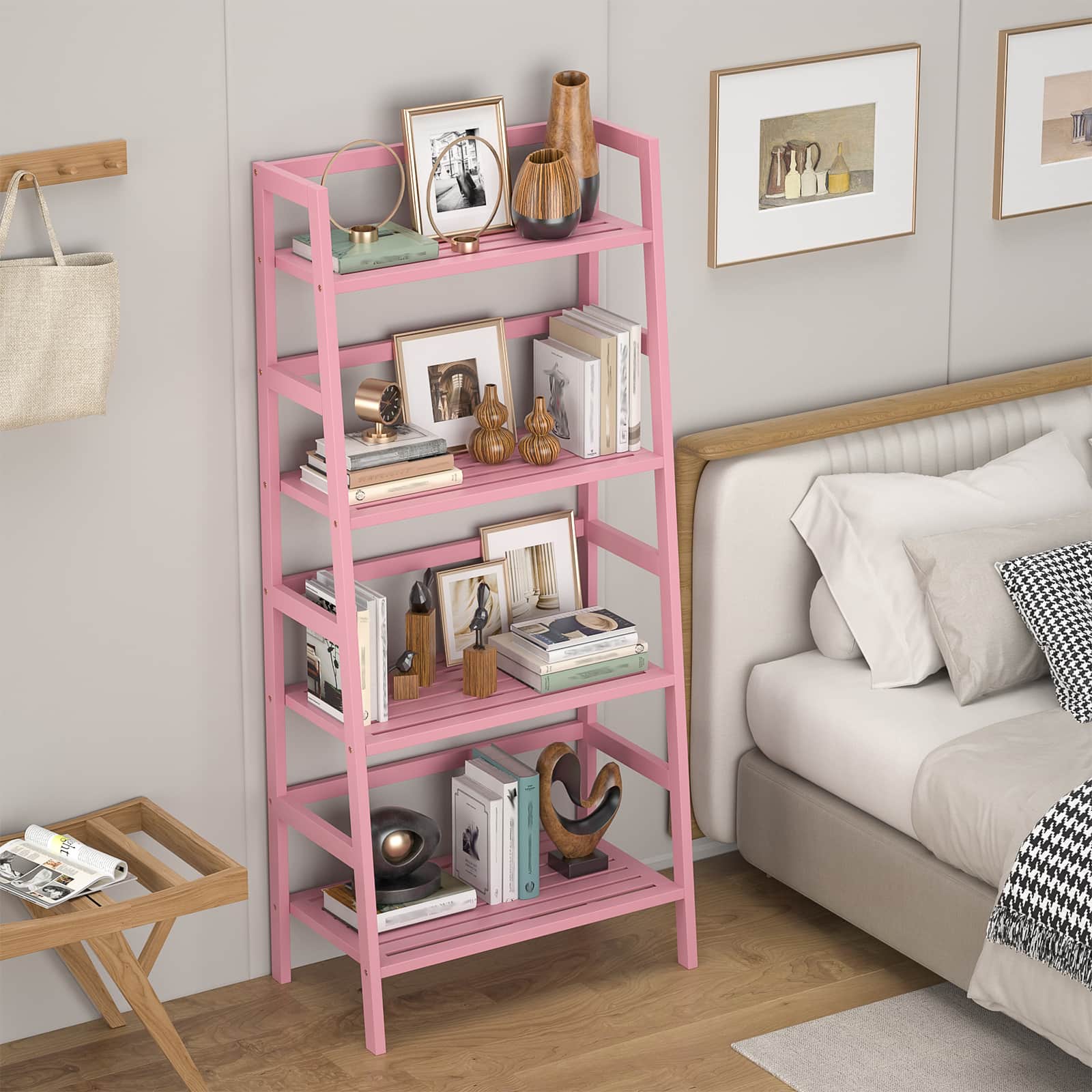 4-Tier Bamboo Ladder Bookshelf Small Bookcase, 49” Tall Open Display Shelves