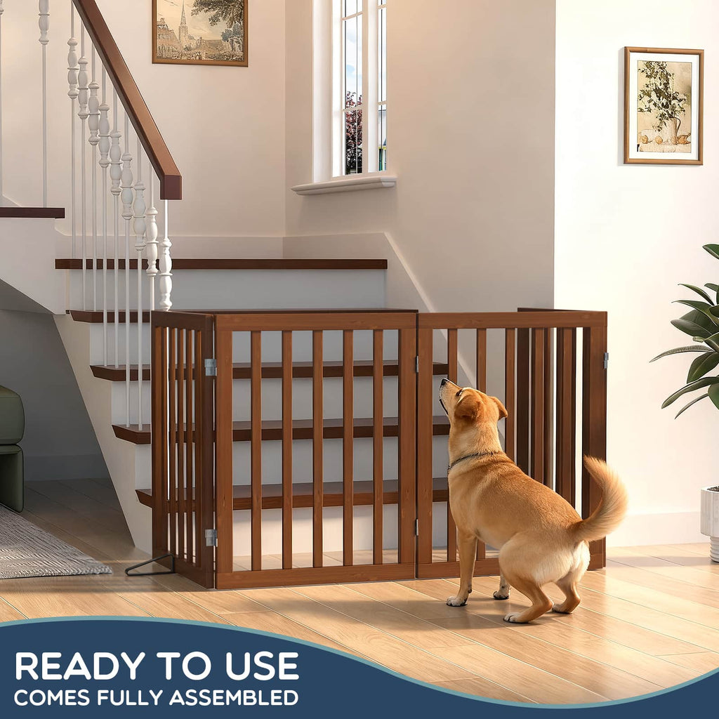 Bamboo Freestanding Dog Gate, No Assembly Pet Gate Indoor, 24”H x 75”W Extra Wide Foldable Puppy Barrier Fence with Support Feet for the House, Doorways Stairs, 4 Panels, No Drilling
