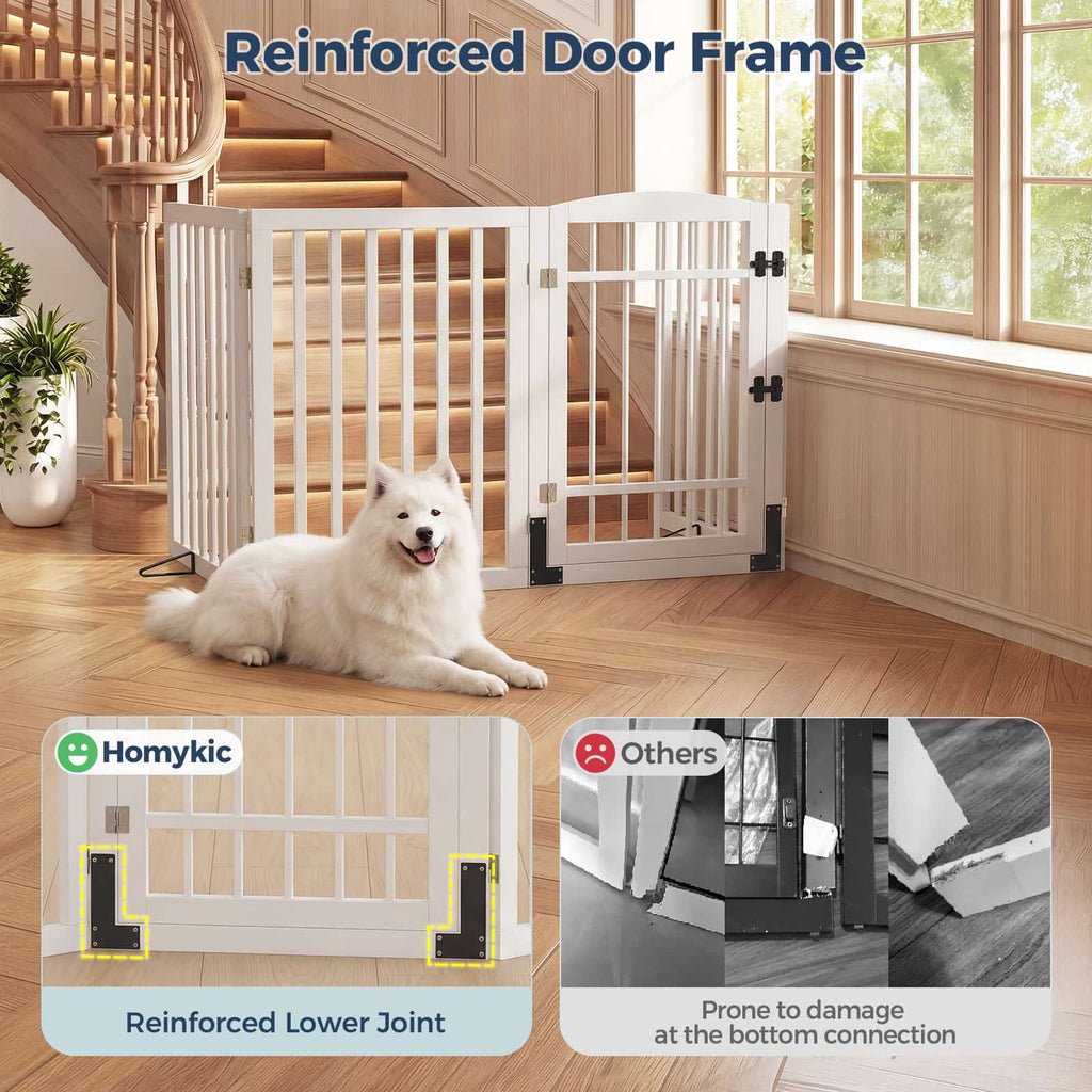 Dog Gate Indoor, 94.5" W x 30" H Extra Wide Foldable Bamboo Pet Gate with Door, No Assembly Freestanding Dog Fence with 2 Support Feet & 360°Hinges for Doorways Hallways (4 Panels)