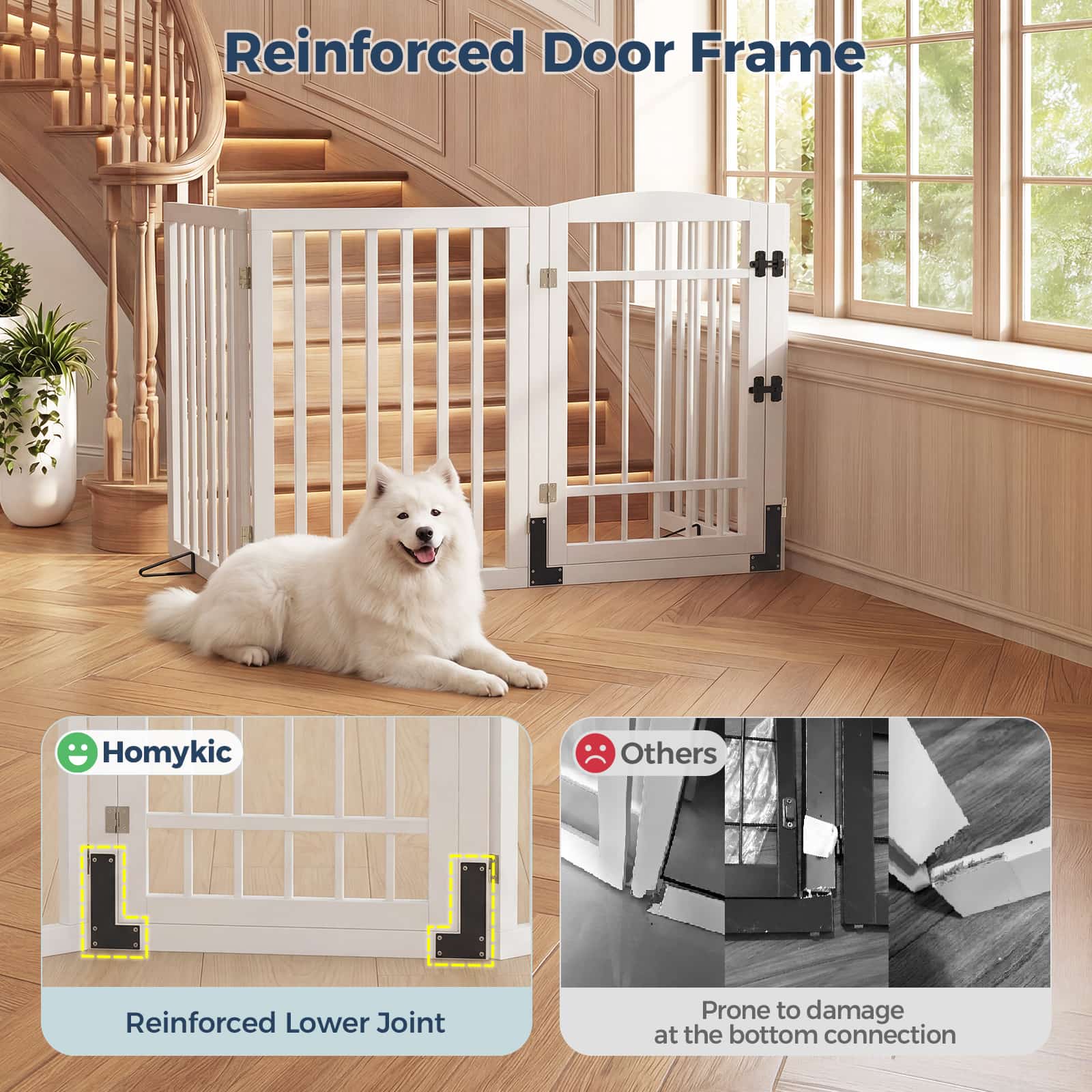 Dog Gate Indoor, 94.5" W x 30" H Extra Wide Foldable Bamboo Pet Gate with Door, No Assembly Freestanding Dog Fence with 2 Support Feet & 360°Hinges for Doorways Hallways (4 Panels)