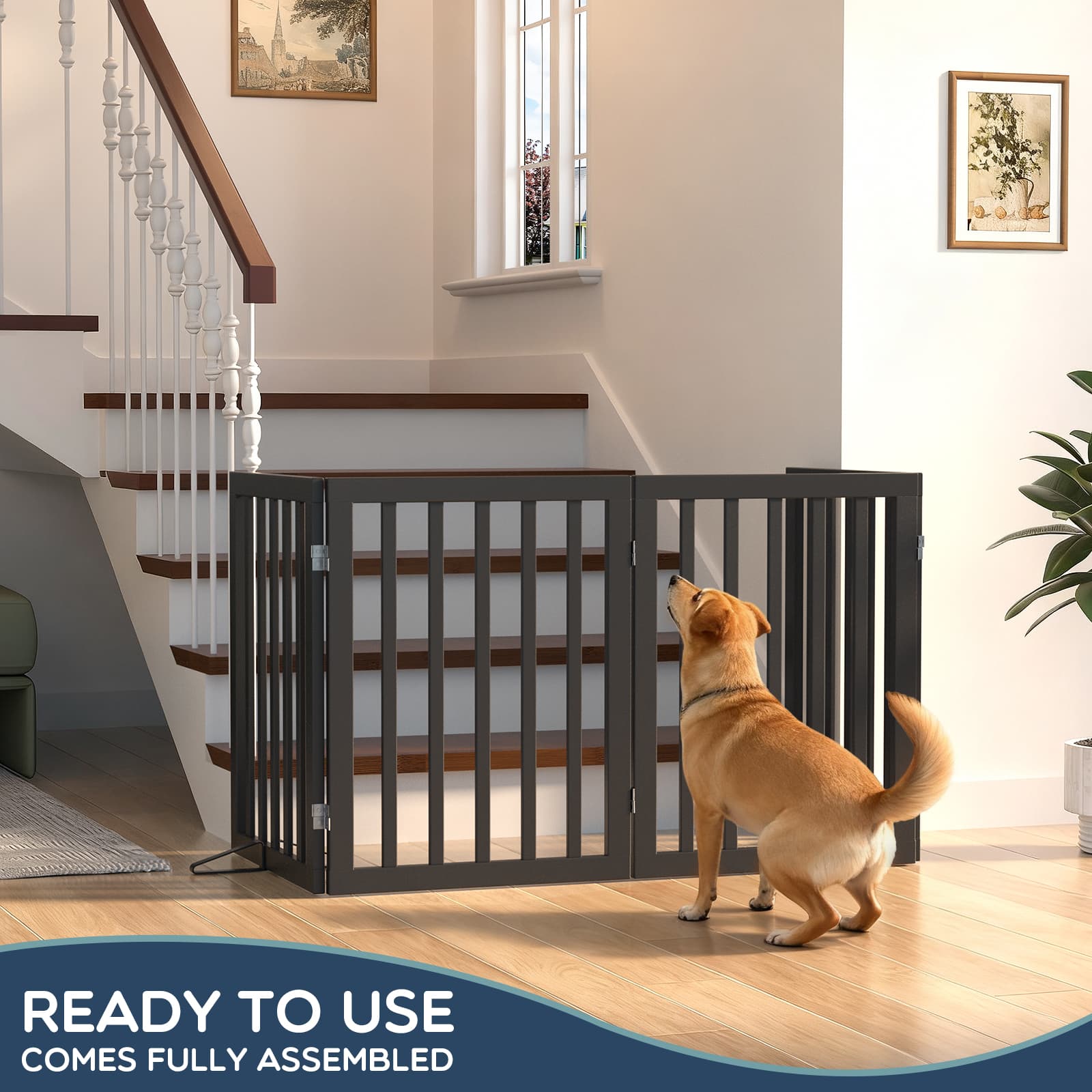 Bamboo Freestanding Dog Gate, No Assembly Pet Gate Indoor, 24”H x 75”W Extra Wide Foldable Puppy Barrier Fence with Support Feet for the House, Doorways Stairs, 4 Panels, No Drilling
