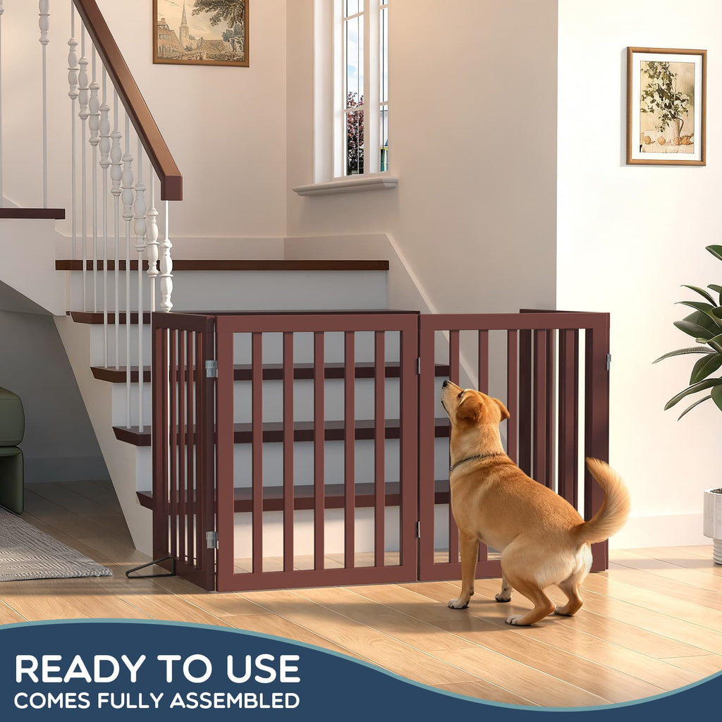 Bamboo Freestanding Dog Gate, No Assembly Pet Gate Indoor, 24”H x 75”W Extra Wide Foldable Puppy Barrier Fence with Support Feet for the House, Doorways Stairs, 4 Panels, No Drilling
