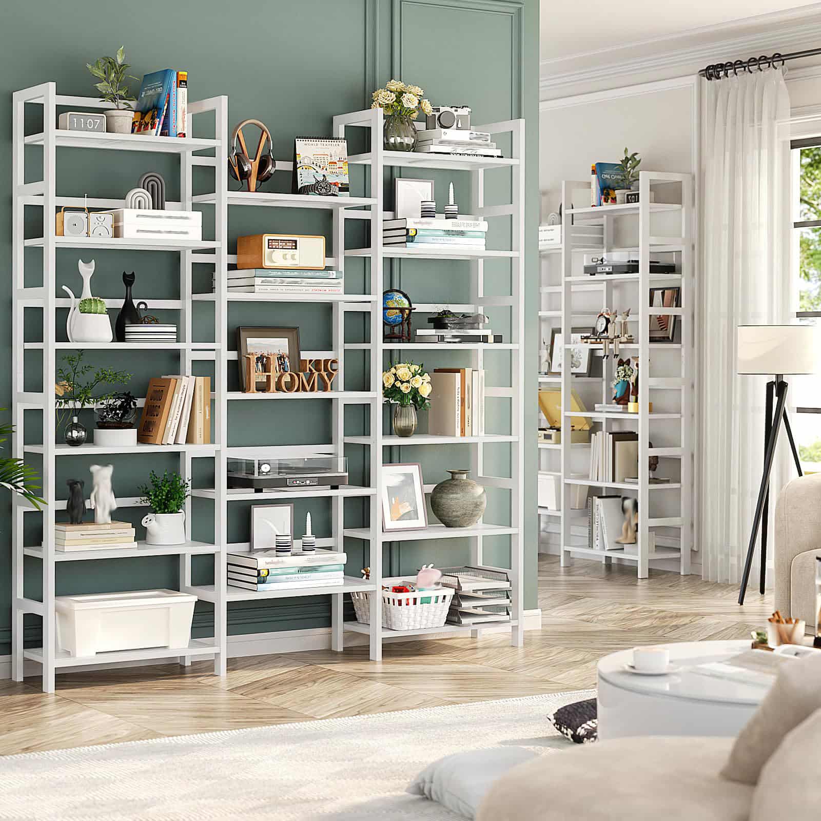 Bamboo Bookshelf, 71” Tall Triple Wide Bookcase with 17 Open Storage Shelves, 6-Tier Etagere with Back Rails, Large Display Shelf for Books, Plants, Home Office, Living Room, Max Load 748LBS