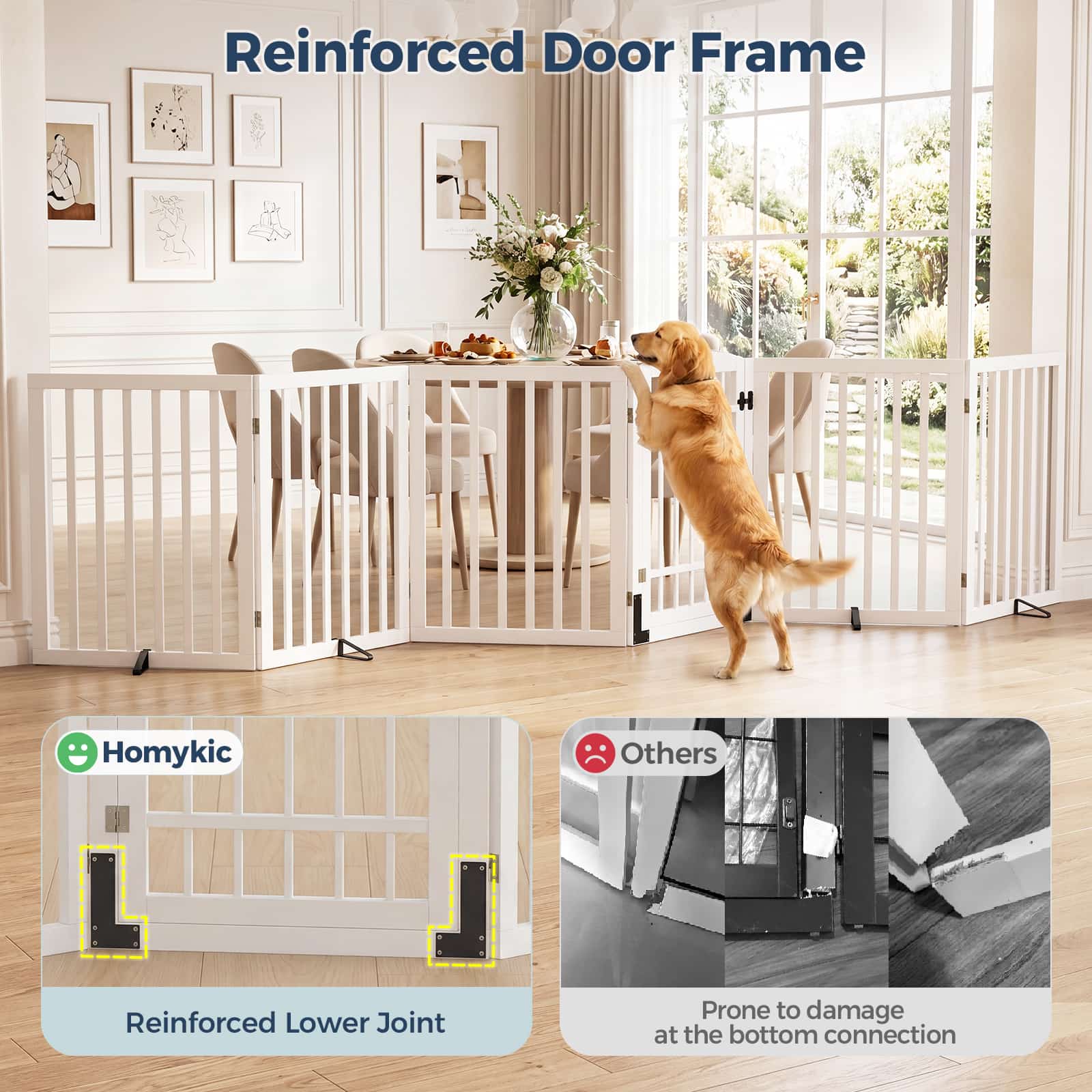 Dog Gate Indoor, 142" W x 30" H Extra Wide Foldable Bamboo Pet Gate with Door, No Assembly Freestanding Dog Fence with 2 Support Feet & 360°Hinges for Doorways Hallways (6 Panels)