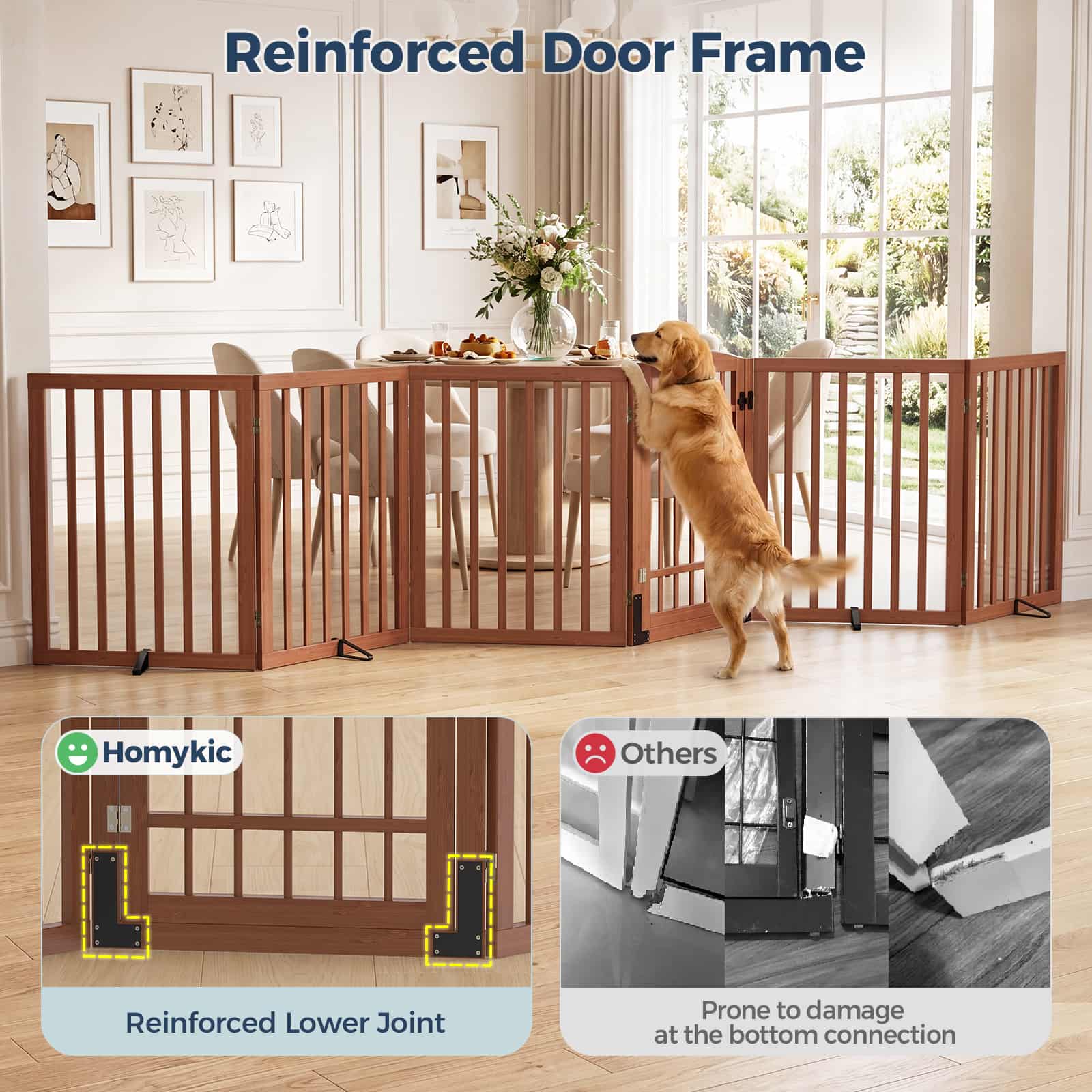 Dog Gate Indoor, 142" W x 30" H Extra Wide Foldable Bamboo Pet Gate with Door, No Assembly Freestanding Dog Fence with 2 Support Feet & 360°Hinges for Doorways Hallways (6 Panels)