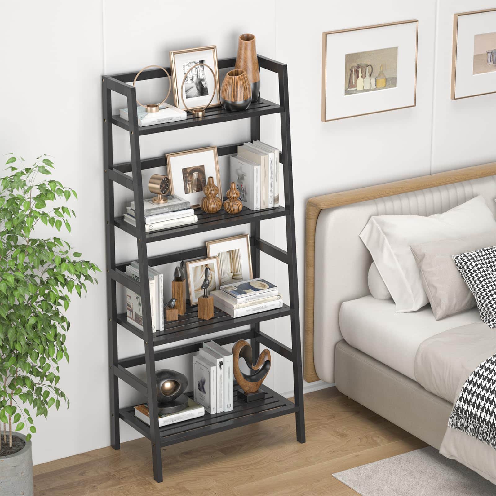 4-Tier Bamboo Ladder Bookshelf Small Bookcase, 49” Tall Open Display Shelves